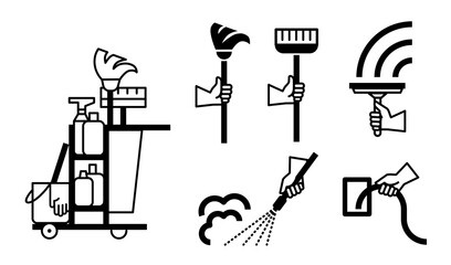 Vector illustration of cleaning service, industry cleaning tool set. 