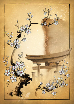 Torii gate on the background of a sakura branch. Illustration in traditional oriental style.
