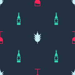 Set Wine glass, Hop and Beer bottle on seamless pattern. Vector