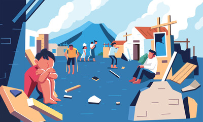 Fototapeta premium the survivors of natural disasters who still stay in the ruins of their houses in their village vector illustration