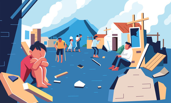 the survivors of natural disasters who still stay in the ruins of their houses in their village vector illustration