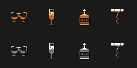 Set Glass of cognac or brandy, champagne, Alcohol drink Rum bottle and Wine corkscrew icon. Vector