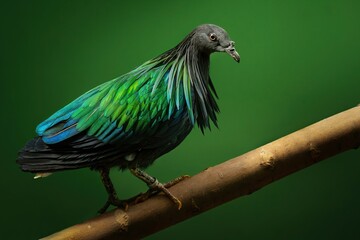 Side view of a Nicobar pigeon (Caloenas nicobarica) walking on a branch, Beautiful colorful bird on a green background