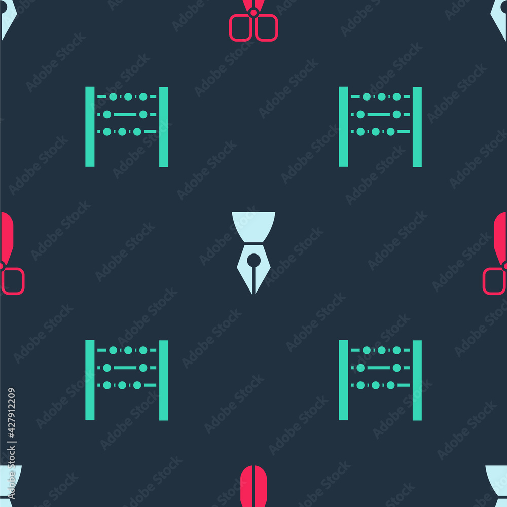 Poster set scissors, fountain pen nib and abacus on seamless pattern. vector