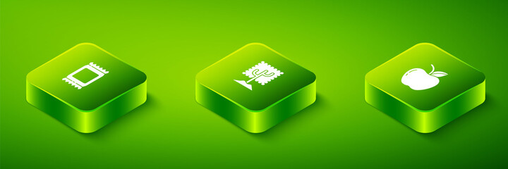 Set Isometric Tree, Apple and Fertilizer bag icon. Vector