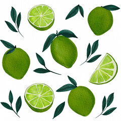 Trendy collection with watercolor green lime fruit and tree branches. Tropical illustration isolated 