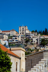 Obraz premium the church of the adolescent jesus in Nazareth at Chrismas among the houses, bottom view