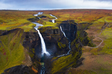 Aerial view of the Haifoss and Granni waterfalls in Iceland