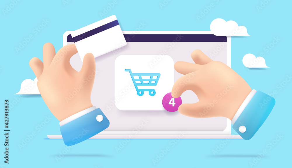 Poster online shopping vector illustration - hands interacting with shopping basket icon on computer. web s
