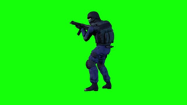 Green screen graphic animation render of a army man dressed in a blue uniform with a black bullet proof vest firing a black automatic rifle. 
