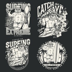 Summer surfing vintage monochrome emblems
