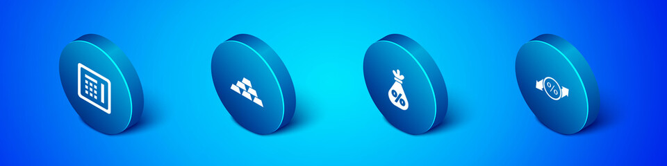 Set Isometric Safe, Money bag with percent, Discount tag and Gold bars icon. Vector