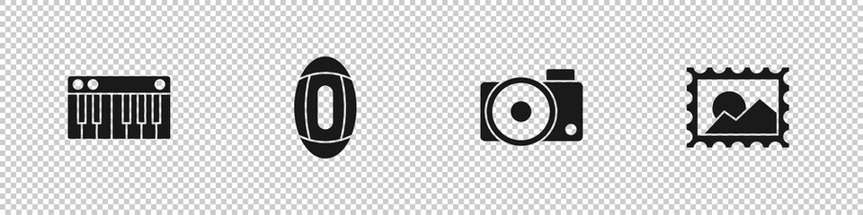 Set Music synthesizer, American Football ball, Photo camera and Postal stamp icon. Vector