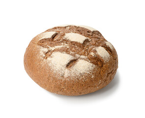 round baked rye flour bread isolated on white background
