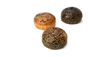 black and white baked buns with sesame seeds isolated on white background, fast food