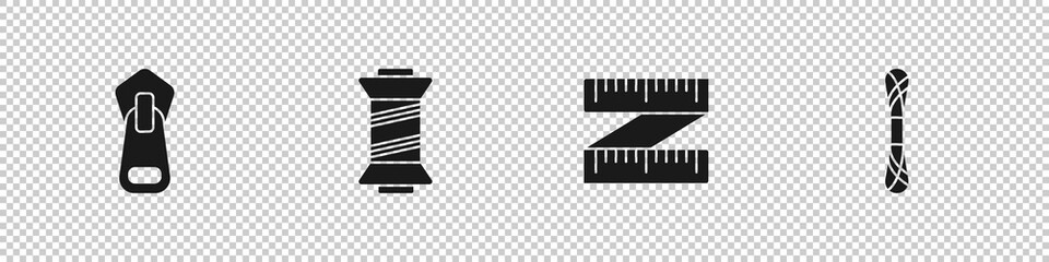 Set Zipper, Sewing thread, Tape measure and Yarn icon. Vector