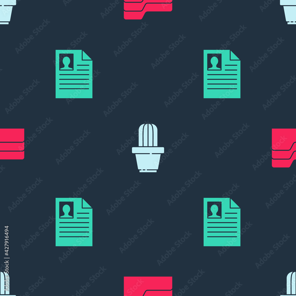 Poster set document folder, cactus and succulent in pot and resume on seamless pattern. vector