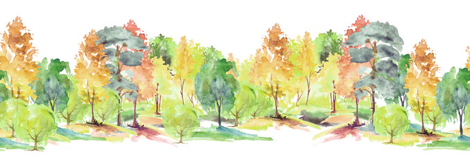 Watercolor autumn trees of yellow, red, orange color. Autumn forest,hill. Watercolor art background. Beautiful splash of paint. Abstract creative seamless background. Country landscape, park. Eco