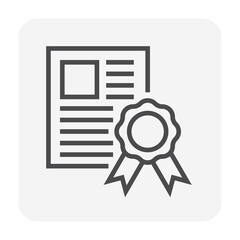 Certificate vector icon design. That certified document, diploma, award or license consist of paper, ribbon and medal. For warranty of degree, education, graduation and qualification. 64x64 pixel.