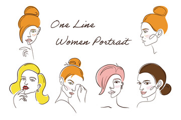 One Line Red-Haired Woman. Continuous line drawing woman portrait in minimal line style for logo, emblem template. One line art. Red hair girl face flat vector illustration