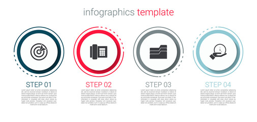 Set Target sport, Telephone, Document folder and Clock. Business infographic template. Vector