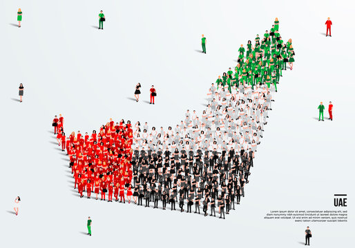 UAE Map And Flag. A Large Group Of People In UAE Flag Color Form To Create The Map. Vector Illustration.