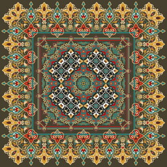 East ornament with colorful details on the turquoise or indian background in style arabesque or mandala