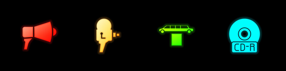 Set Megaphone, Retro cinema camera, Limousine car and carpet and CD or DVD disk icon. Vector