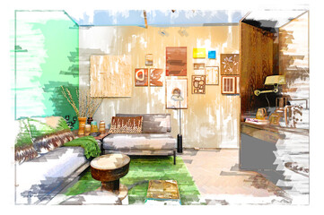 marker style illustration of living room in urban style