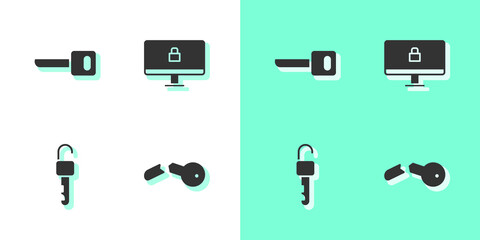 Set Broken key, Key, Unlocked and Lock on computer monitor icon. Vector