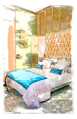 marker style illustration of bedroom in retro style