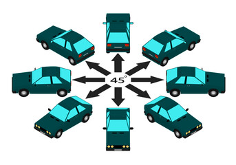 Rotation of the compact car by 45 degrees. Green old car in different angles in isometric.