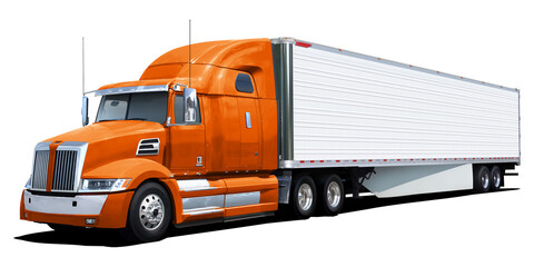 Big american truck with orange cab isolated on white background. - Powered by Adobe