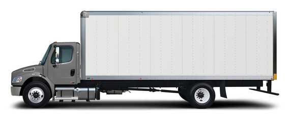Delivery truck side view with gray cab isolated on white background.