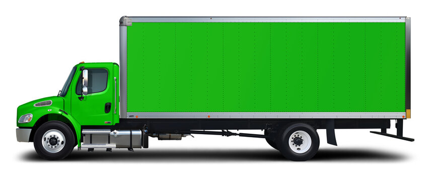 Full Green Delivery Truck Side View Isolated On White Background.