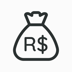 Brazilian real icon. Sack with cash isolated on white background. Money bag outline icon vector pictogram. Currency symbol of Brazil.