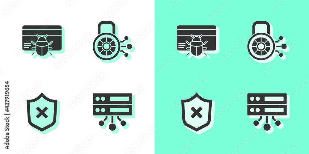 Poster set server, data, web hosting, system bug credit card, shield with cross mark and cyber security ico