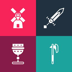 Set pop art Medieval axe, goblet, sword and Windmill icon. Vector