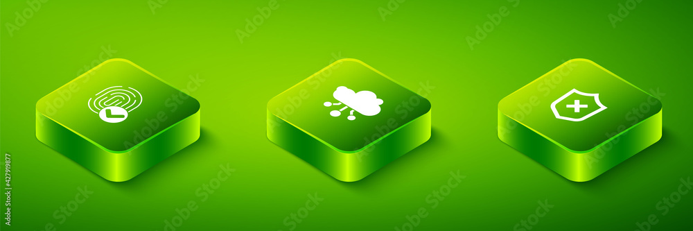 Poster set isometric internet of things, shield with cross mark and fingerprint icon. vector