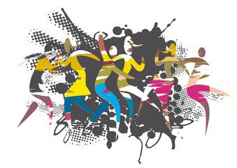 Wild dance party.
Expressive, grunge stylized illustration of dancing people on abstract black background. Vector available.