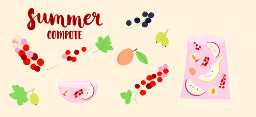 Compote with fruits and berries. Cup and jug with compote. Apple, pear slices, apricot, red and black currant, gooseberry. Summer compote hand-drawn inscription. Vector isolated illustration.