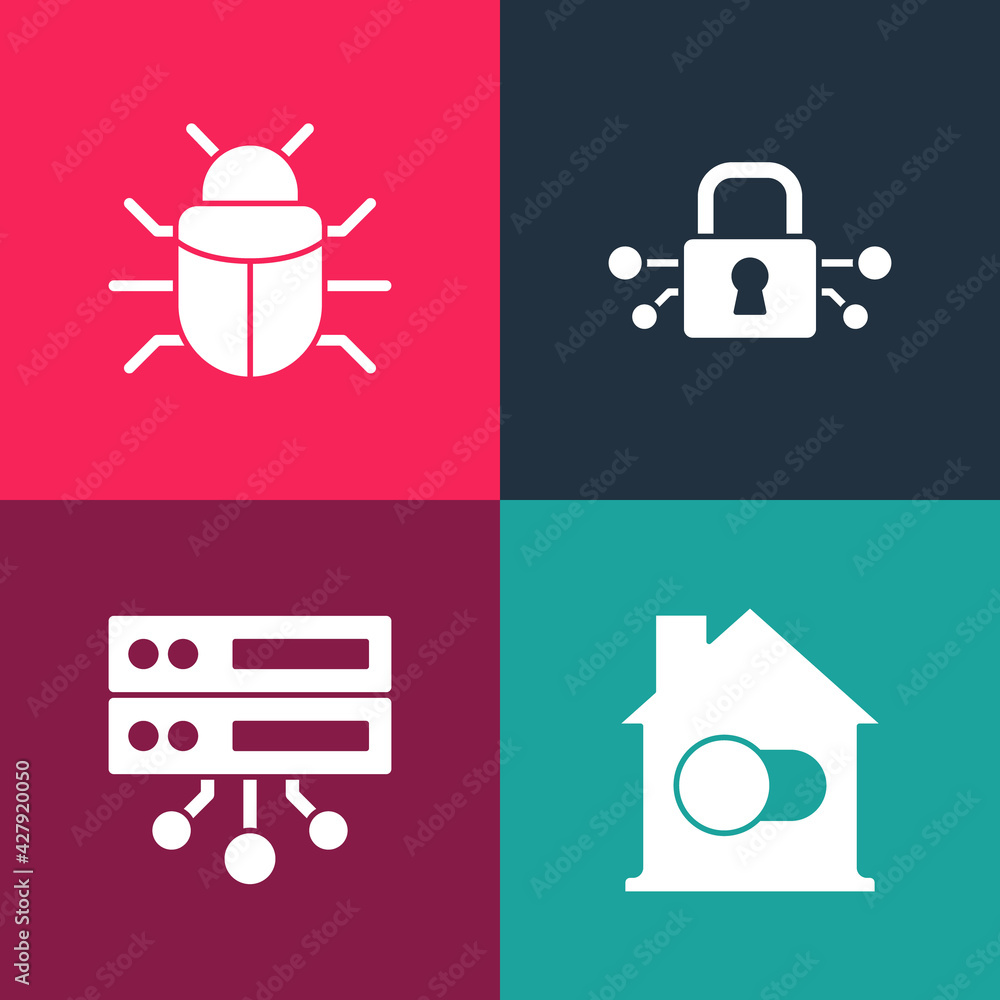 Poster set pop art smart home, server, data, web hosting, cyber security and system bug icon. vector