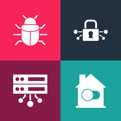 Set pop art Smart home, Server, Data, Web Hosting, Cyber security and System bug icon. Vector