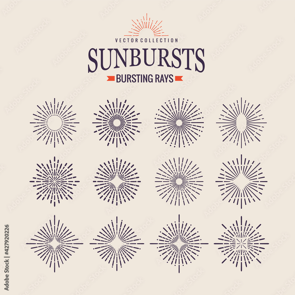 Poster sunburst icon set. retro hand drawn sparkle. geometric sun beams in different forms. bursting rays d