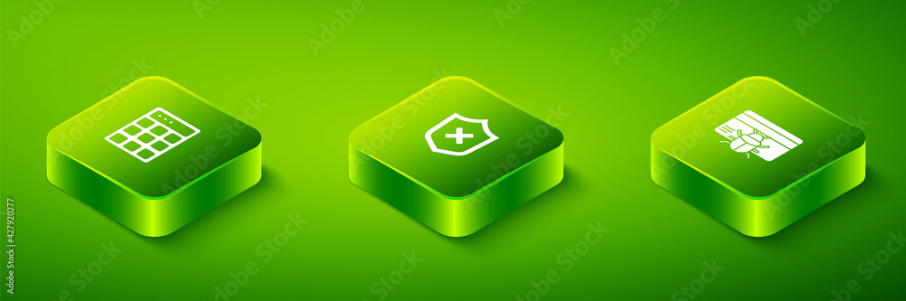 Poster set isometric shield with cross mark, system bug in credit card and password protection icon. vector