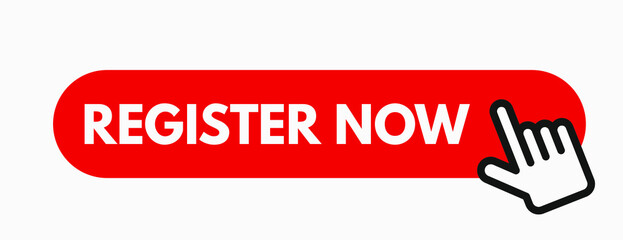 Register now vector illustration with cursor arrow and click button. Hand clicking on the registration button.