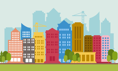 Vector illustration of colorful urban skyline. Perfect for design element from downtown and modern urban areas. City skyscraper background design.