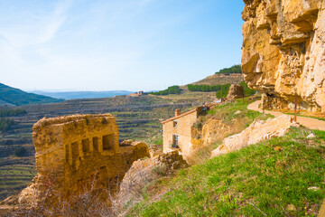 Ares del Maestre, Castellon province, Valencian Community, Spain. Beautiful historic medieval village on top of a rocky hill (Mola d'Ares). Arab walls and Iberian vestiges (castle ruins).