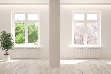 Fototapeta na wymiar White empty room with summer and winter landscape in window. Scandinavian interior design. 3D illustration