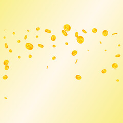 Chinese yuan coins falling. Elegant scattered CNY coins. China money. Radiant jackpot, wealth or success concept. Vector illustration.